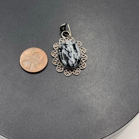 Black White Snowflake Obsidian and Sterling Silver For Balance Protect Pendant - Picture 2 of 7